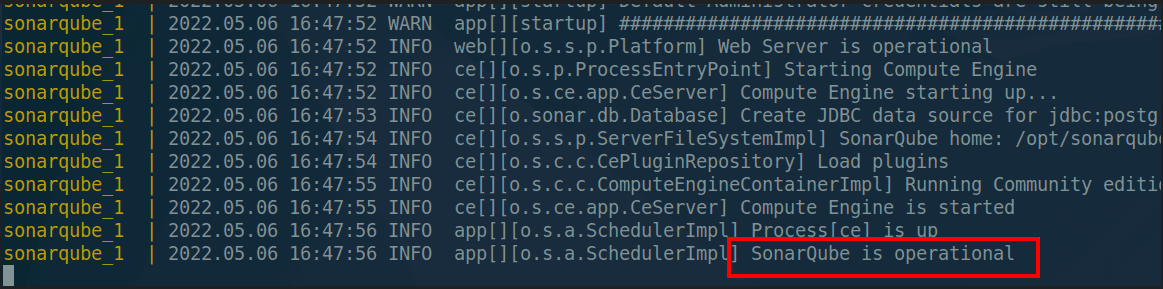 screenshot แสดงการรัน sonarqube บน docker เสร็จสิ้น