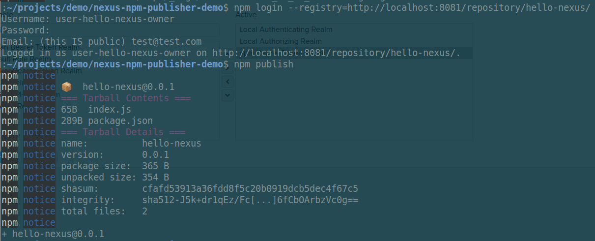screen shot npm long และ publish package ไปยัง Nexus