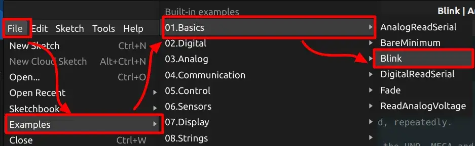 Arduino IDE - Open Blink script example